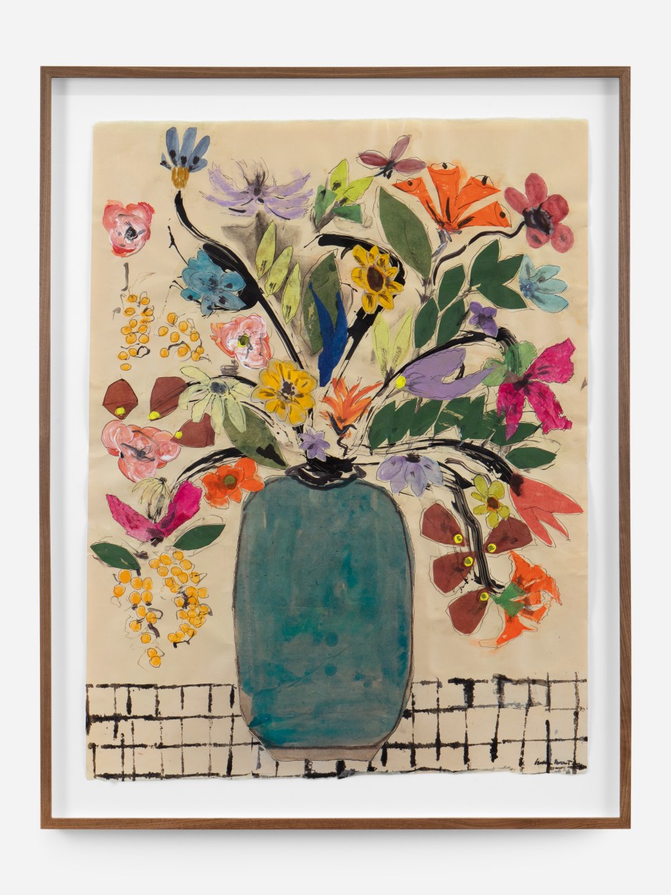 Isabella Ducrot  Blue Pot on grill II, 2024  pigments, pastel, China ink and collage on paper  site size: 96 x 73 cm / 37 ¾ x 28 ¾ in framed: 110.9 x 86 x 4.5 cm / 43 ⅝ x 33 ⅞ x 1 ¾ in