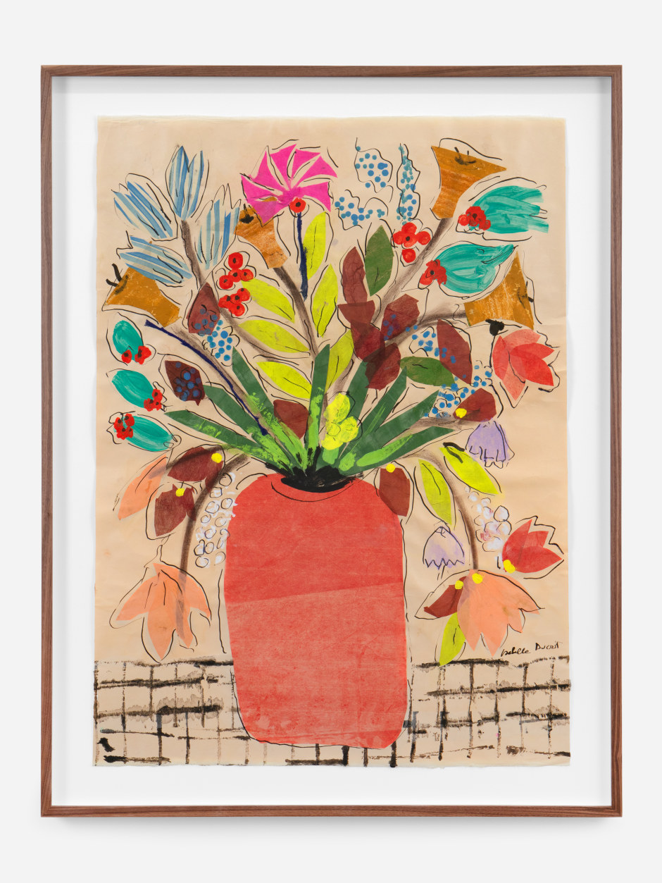 Isabella Ducrot  Red Pot on grill II, 2024  pigments, pastel, China ink, textile and collage on paper  site size: 96.2 x 70 cm / 37 ⅞ x 27 ½ in framed: 111 x 86 x 4.5 cm / 43 ¾ x 33 ⅞ x 1 ¾ in