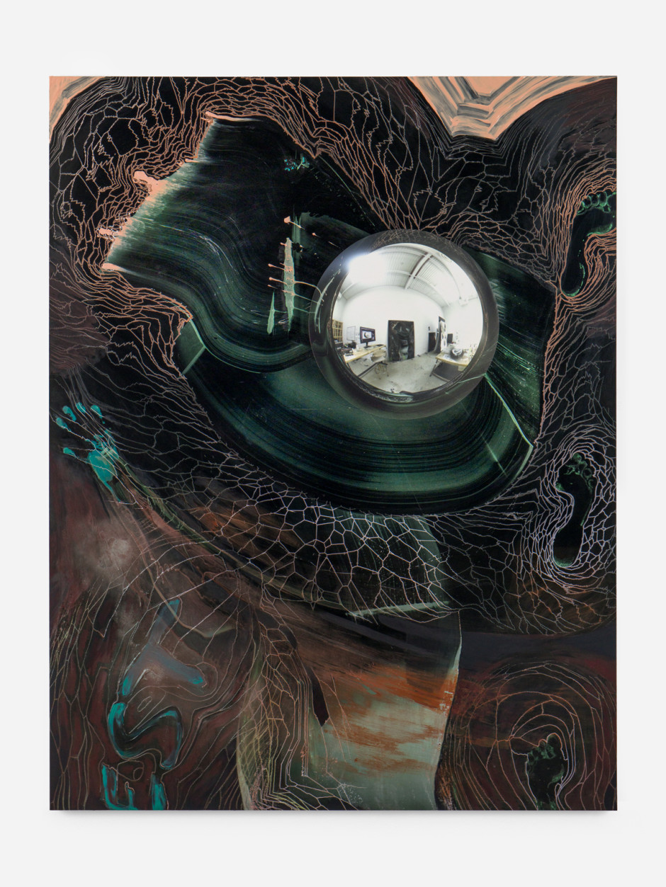 JFEST, 2024  oil, acrylic, shellac ink, powdered pigment and UV-print on aluminium composite  178.2 x 137.8 x 2.5 cm / 70 ⅛ x 54 ¼ x 1 in.