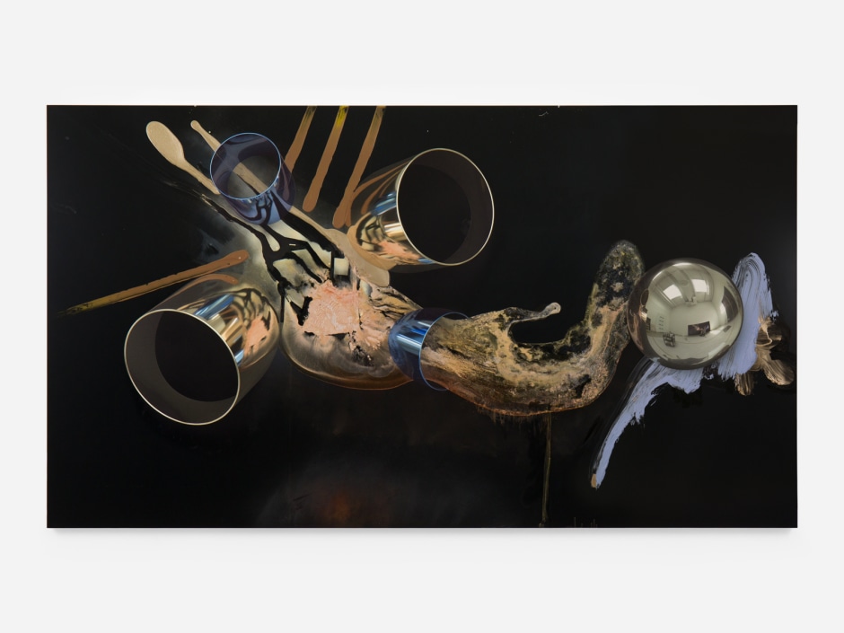 Zaarwid Time, 2024  oil, enamel, acrylic, powdered pigments and UV-print on aluminum composite  151.7 x 269.8 x 2.5 cm / 59 ¾ x 106 ¼ x 1 in.