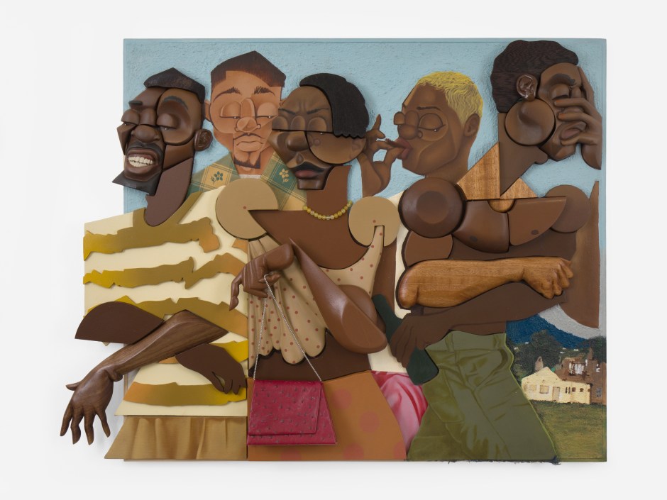 Waphela kanjalo umuzi wabadala (The end of a legacy), 2025  Jelutong, pine, walnut, MDF, birch, black wenge, African mahogany, oil, aerosol paint, acrylic, texture paint, epoxy clay, artificial leather, painted canvas  81.5 x 105.5 x 11 cm / 32 ⅛ x 41 ½ x 4 ⅜ in.  © Dada Khanyisa. Courtesy the Artist and Sadie Coles HQ, London.  Photo: Katie Morrison