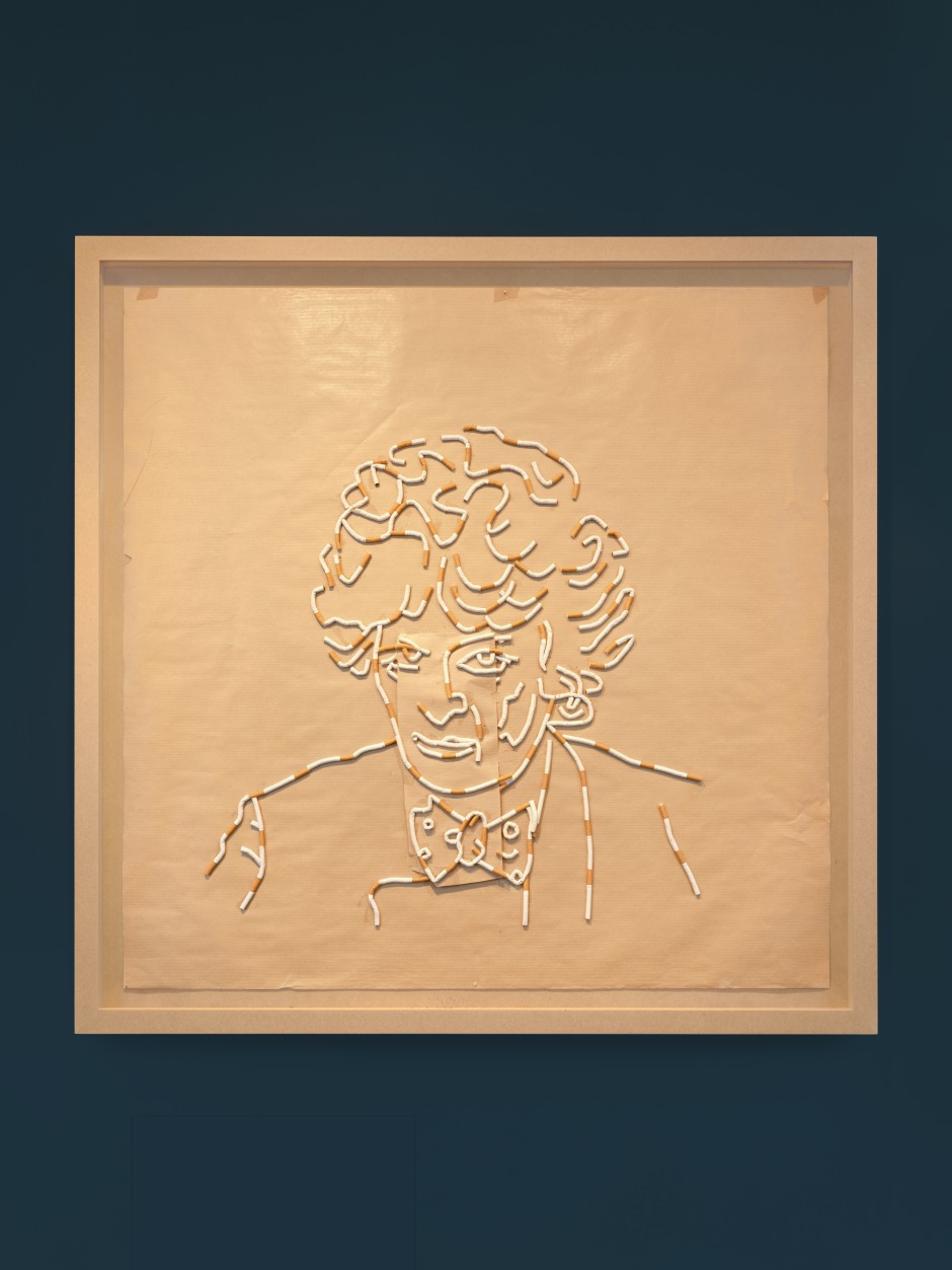 Sarah Lucas Maggi the Maggi 2025 brown paper, cigarettes 119.7 x 120.7 x 2 cm / 47 ⅛ x 47 ½ x ¾ in