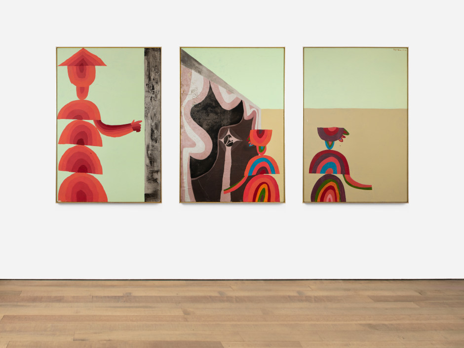 Ralph Adron  They Enter the Temple, 1966  mixed-media triptych  each panel, framed: 124 x 83 x 3 cm / 48 ⅞ x 32 ⅝ x 1 ⅛ in  © Ralph Adron, courtesy Sadie Coles HQ, London  Photo: Katie Morrison