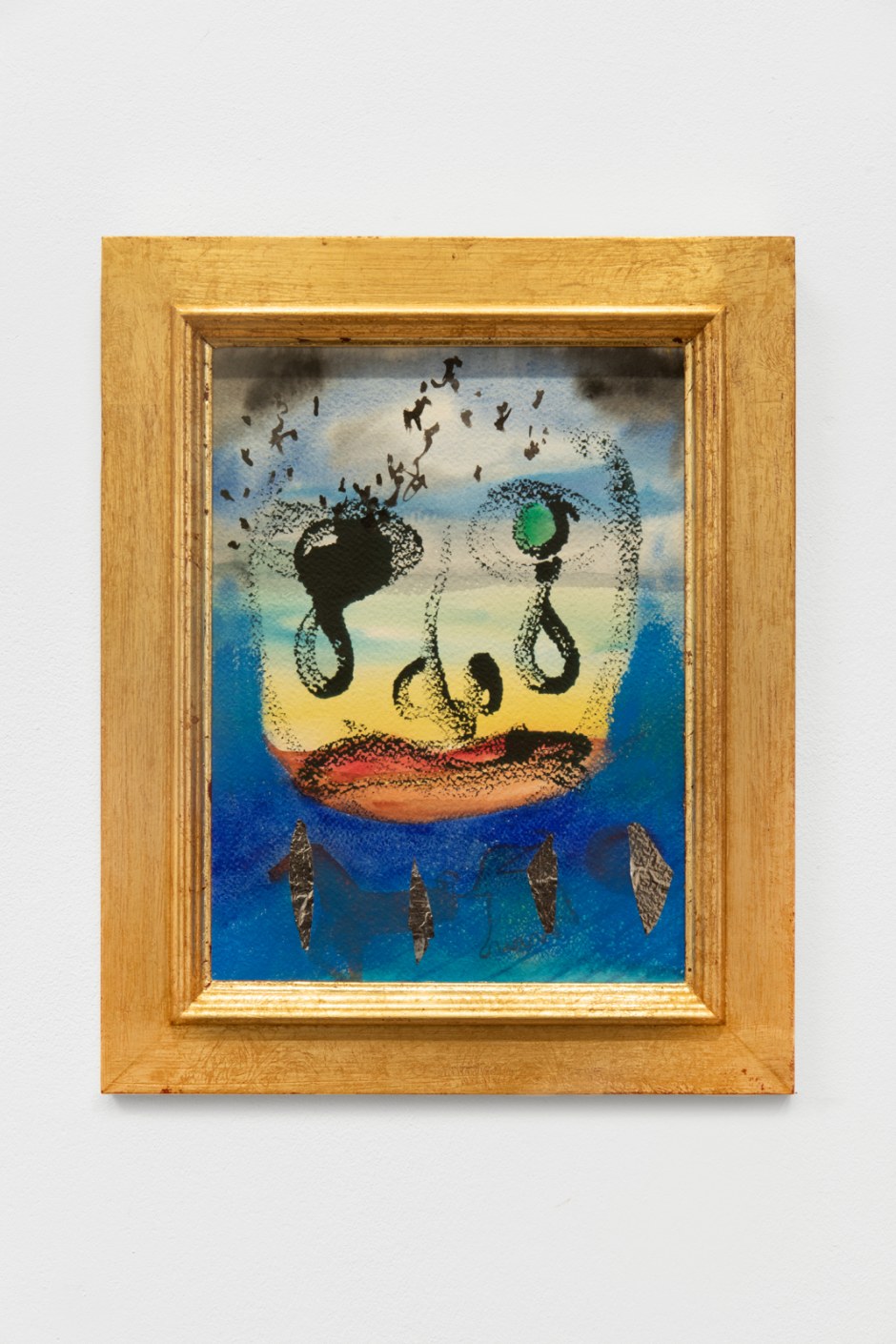 The Cat’s Whiskers / Sky, 2022  watercolour on paper, foil  site size: 30.5 x 23 cm / 12 x 9 in frame size: 39.5 x 31.9 x 2.7 cm / 15 ½ x 12 ½ x 1 in  © Monster Chetwynd, courtesy Sadie Coles HQ, London  Photo: Katie Morrison