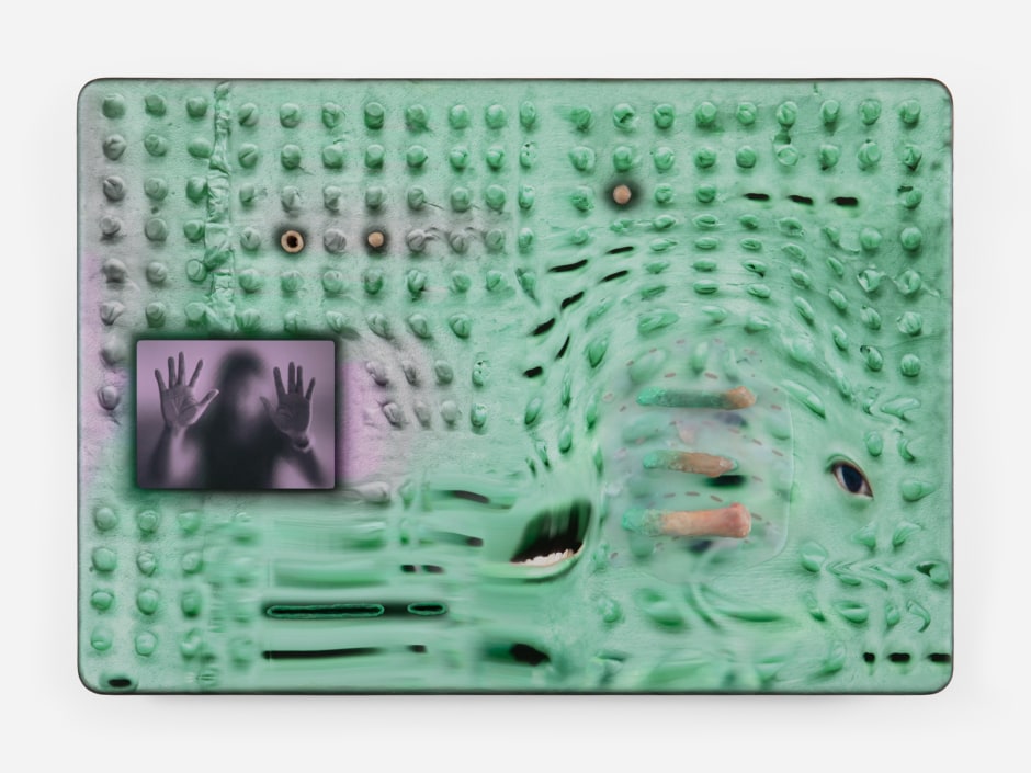 Tishan Hsu  Double Interface - Green, 2023  UV cured inkjet, acrylic, ink, silicone on wood  85 x 120.5 x 12 cm / 33 ½ x 47 ½ x 4 ¾ in  © Tishan Hsu, courtesy the artist and Empty Gallery, Hong Kong  Photo: Katie Morrison