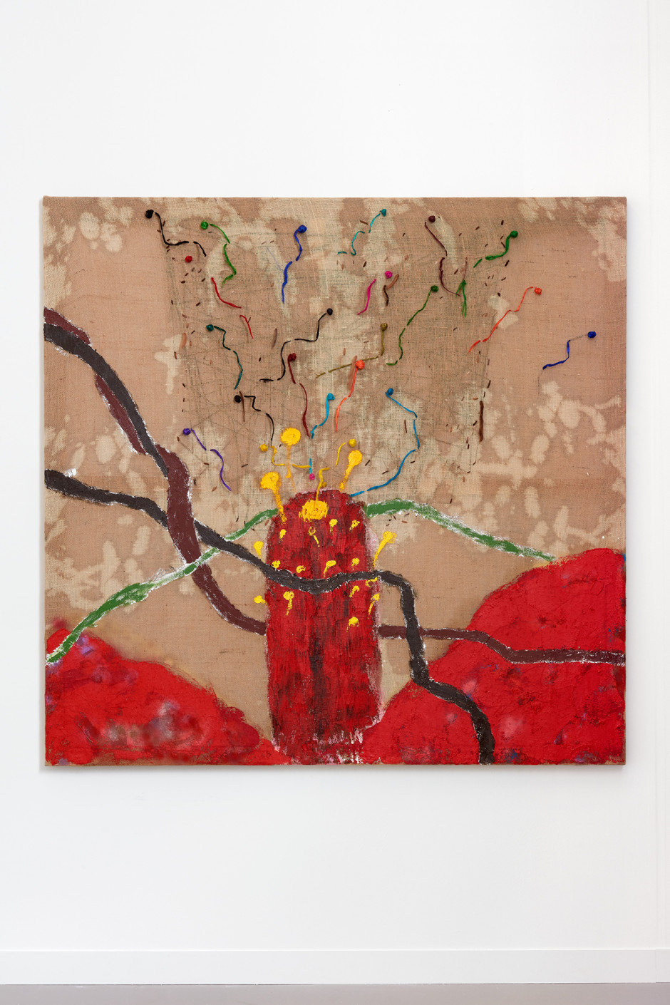 Red Hibiscus- Noah’s ark, 2018  acrylic and yarn on burlap  167.6 x 167.7 x 6 cm / 66 x 66 ⅛ x 2 ⅜ in