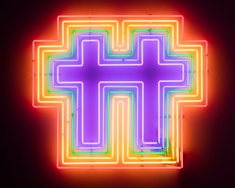 Jonathan Horowitz  Rainbow Neon Cross for Two, 2017  neon  101.6 x 91.4 cm / 40 x 36 in