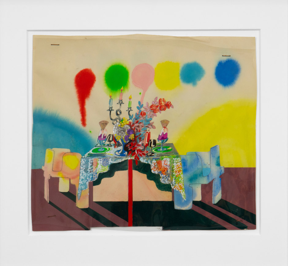 Ralph Adron  Table setting for a magazine, 1965  mixed-media collage  site size: 31 x 35 cm / 12 ¼ x 13 ¾ in frame size: 45.5 x 48.6 x 3.8 cm / 17 ⅞ x 19 ⅛ x 1 ½ in  © Ralph Adron, courtesy Sadie Coles HQ, London  Photo: Katie Morrison