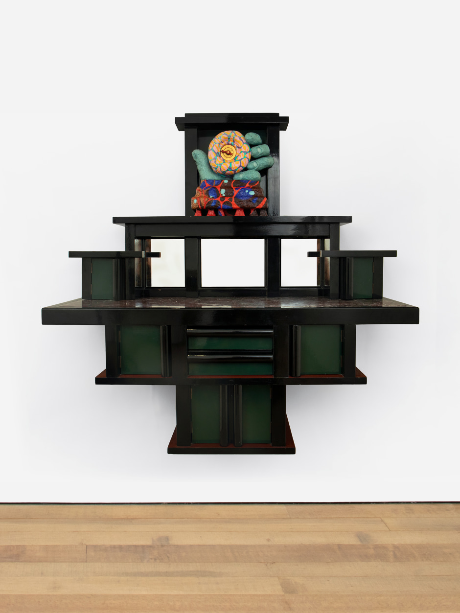 Max Clendinning  Cabinet, 1975  made for the artist's home; burnished and painted wood, marble, mirror, electrical components  122 x 123 x 44.5 cm / 48 x 48 ⅜ x 17 ½ in  © Max Clendinning, courtesy Sadie Coles HQ, London  Photo: Katie Morrison