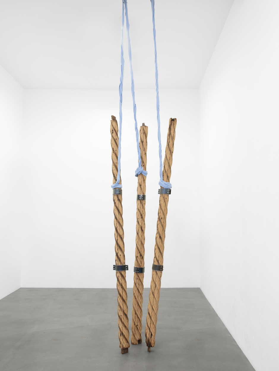 Column-Untitled No. 2, 2018-2021  Chinese fir, iron, blue neoprene  three parts, each: 380 x 25 (⌀) cm / 149 ⅝ 9 ⅞ (⌀) in (variable)