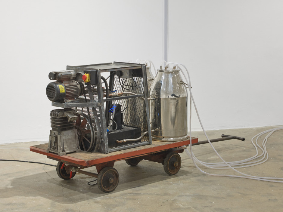 Foraged, 2021  trolley, stainless steel milk cans, plastic tubes, tea bags, weeds, water, electronic pump, heater  dimensions variable