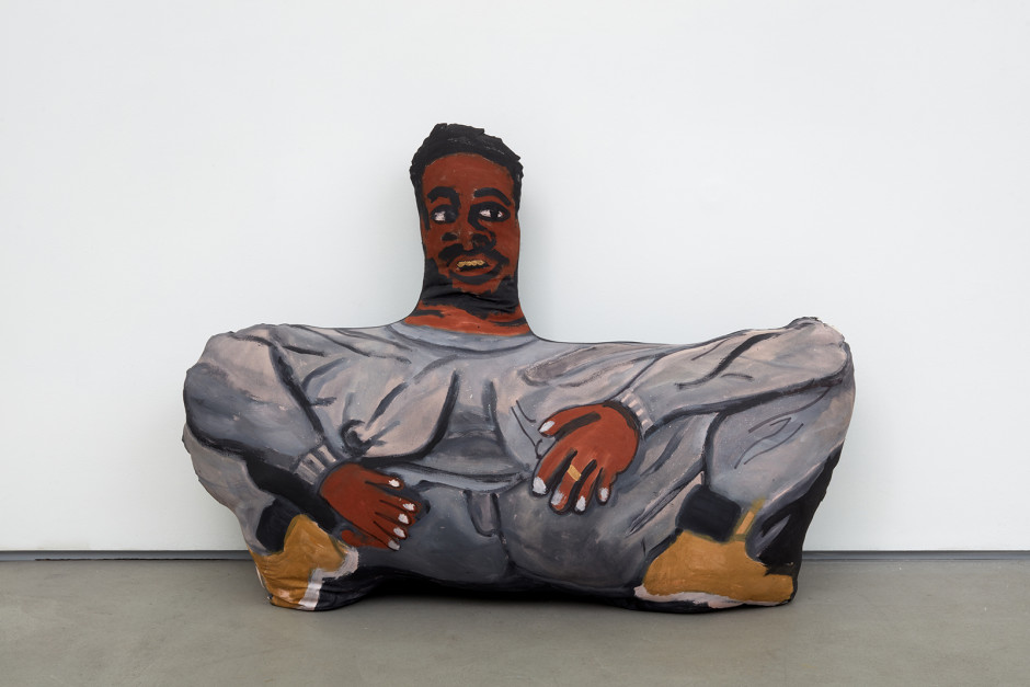 Jonathan Lyndon Chase  Boyfriend in grey sweat suit and timbs, 2021  acrylic paint marker muslin polyfoam  84 x 120 x 36 cm / 33 ⅛ x 47 ¼ x 14 ⅛ in
