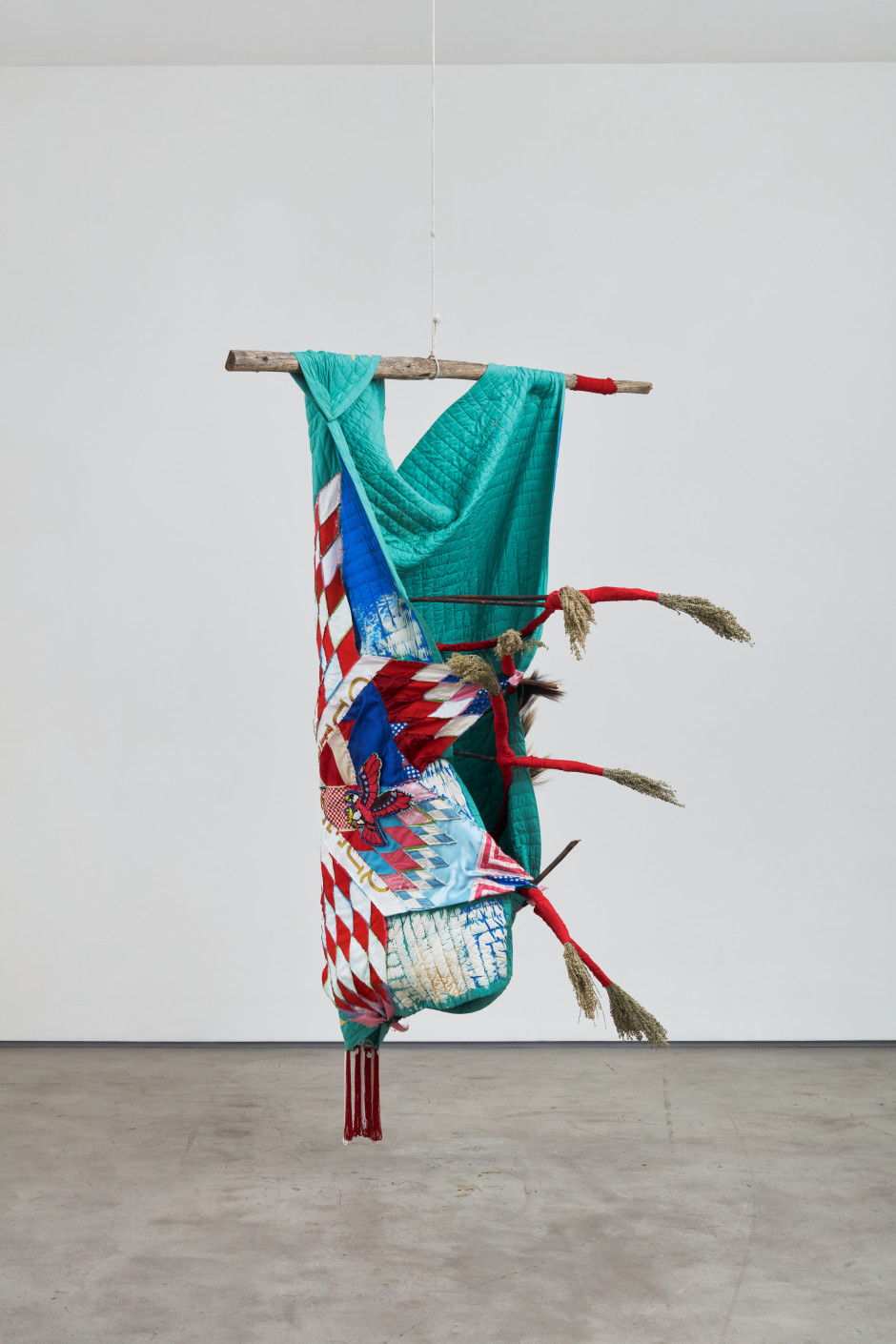 Natalie Ball  Deer Woman's new Certificate-of-Indian-Blood-skin, 2021  textiles, chenille, beads, deer and porcupine hair, sagebrush, river willow, lodgepole pine, rope  211.4 x 149.9 x 113 cm / 83 ¼ x 59 ⅛ x 44 ½ in