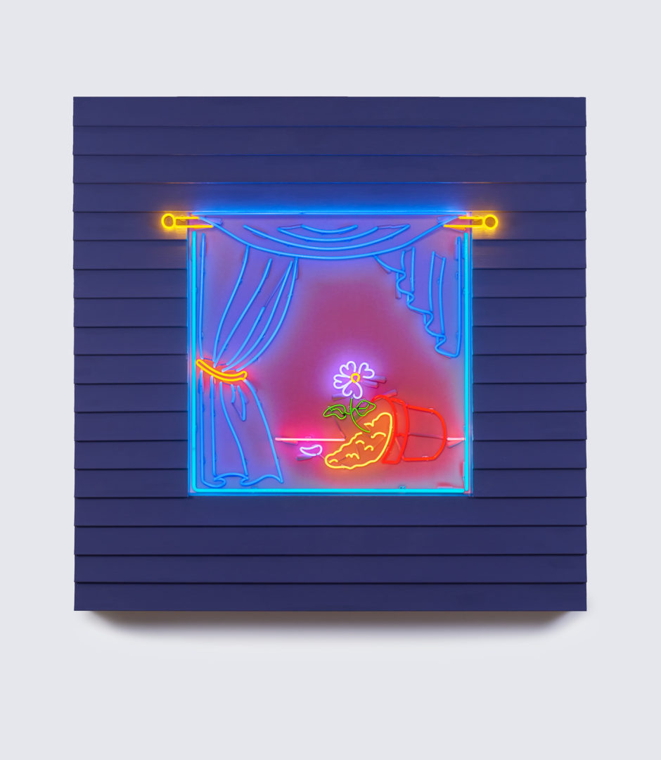 Alex Da Corte  A Modern Love, 2022  neon, vinyl siding, laminate, plywood, house paint, velvet, hardware  182.9 x 182.9 x 15.2 cm / 72 x 72 x 6 in  Alex Da Corte’s A Modern Love, 2022, is one of the latest iterations in the artist’s ongoing series of wall-mounted works depicting windows illuminated in neon (beginning in 2017). Existing as a gateway between public and private spaces, Da Corte focusses on the window as an evocative, everyday leitmotif, mining its potential psychological, social, and cultural associations.  Initiating with the notion of the ‘Bad Land’, a term often used to describe the artist’s neighbourhood in Philadelphia, and the broken windows theory, used to determine invisible criminal activity in certain low income areas, the works in the series point at the window as an unexpected cypher for assumed meaning, perverse or otherwise.  The series draws upon various depictions in Western cultural history, from the desolate window scenes of Edward Hopper’s 1930’s America to the all-consuming paranoia of Alfred Hitchcock’s Unlocked Window (1965). In A Modern Love, Da Corte depicts an upturned flowerpot, the flower, its petals and soil spilling out across the sill. The work draws reference to the romanticised concept of the American Dream, in which the perfect ‘white picket fence’ notion of home is so often pitched as a shorthand for success.  Set in contrast with the alluring Pop aesthetic, the upturned contents of the flowerpot evokes a metaphoric rejection or undermining of its ethos. Set in contrast to the tranquil domestic scene and the alluring aesthetic of the neon, the upturned contents of the flowerpot evoke the subtlest suggestion of aggression, a seductive yet ultimately empty promise.