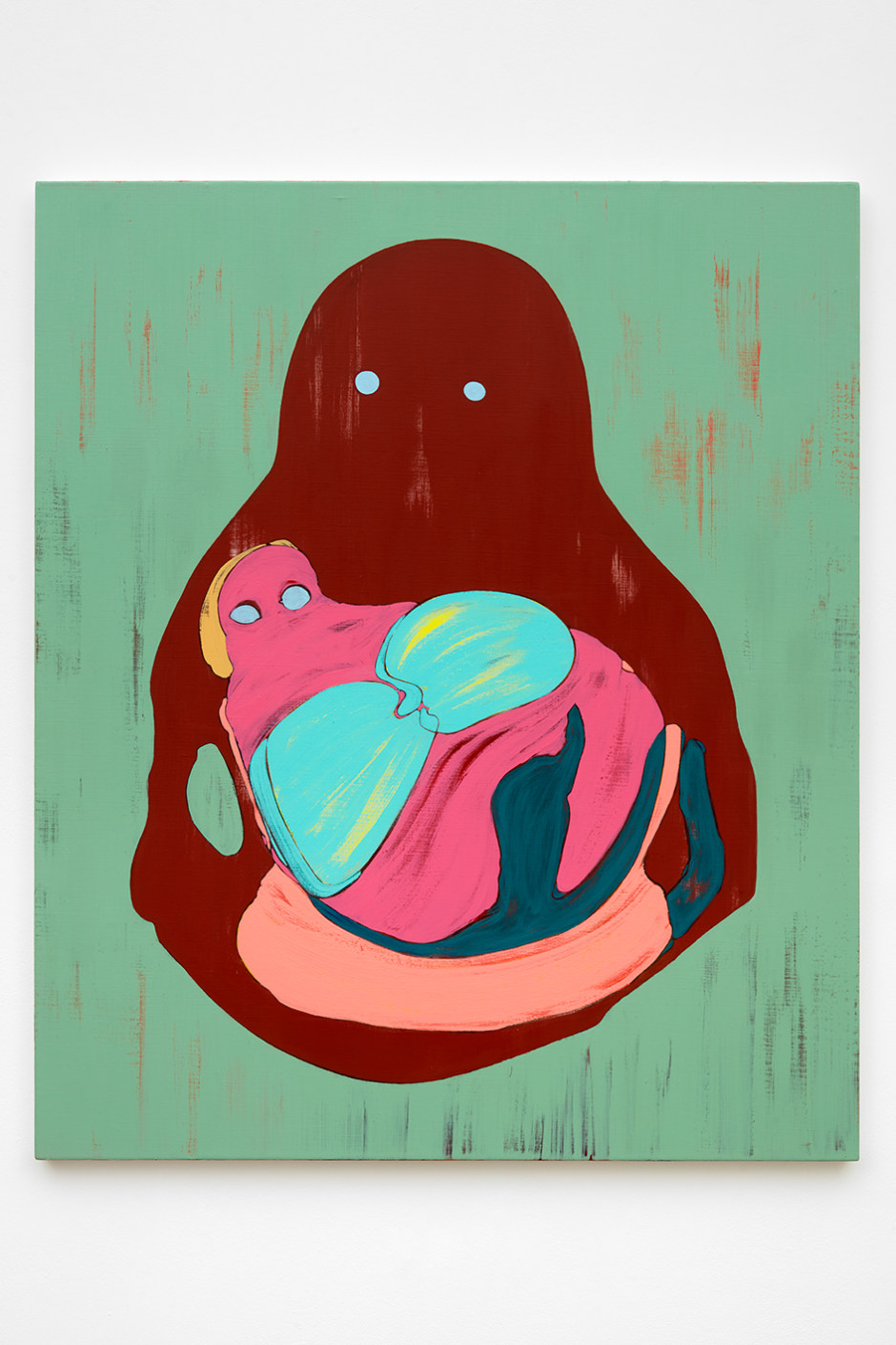 Nicola Tyson  Mother and baby, 2021  acrylic on linen  138.2 x 114.9 x 3.8 cm 54 ⅜ x 45 ¼ x 1 ½ in  Mother and baby, 2021 by Nicola Tyson sees a ghostly, plum coloured figure cradling a pink infant with bright blue paws, set against a background awash with mint green and vibrant hues. The affectionate scene suggests an interior state as much as a physical one, conveying the idea of ‘embodied experience’ – that is, experience relative to the individual body. Through a combination of hard-edged colour and ambivalent form, she evokes the interplay of perception, thought and feeling that characterises such experience.  Tyson is best known for reimagining of the female figure in relation to concepts of identity and the social gaze, sets out to describe the female body as a lived experienced, rather than merely observed. Moving beyond a mimetic, objectifying approach, she explores the body as a constantly shifting set of felt coordinates.  Tyson’s art draws upon, and grapples with, that of artistic forbears as diverse as Maria Lassnig, Hans Bellmer and Pablo Picasso. (Her 2013 book Dead Letter Men verbalises this mode of combative engagement, in a series of missives to deceased male artists). Her practice has its roots in a 1990s moment when, as she has recalled, painting was considered “at best conservative and probably redundant,” and yet she continues to assert the vitality of her medium from a contrary feminist mindset.