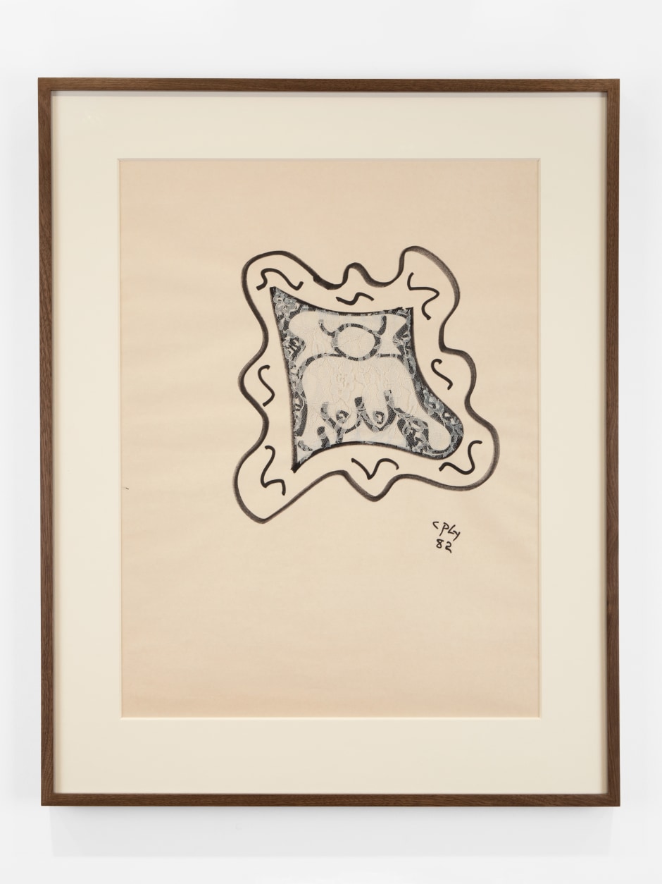 Untitled, 1982  marker and lace on paper  site size: 61 x 45 cm / 24 ⅛ x 17 ¾ in frame size: 77.5 x 61.5 x 3.8 / 30 ½ x 24 ¼ x 1 ½ in
