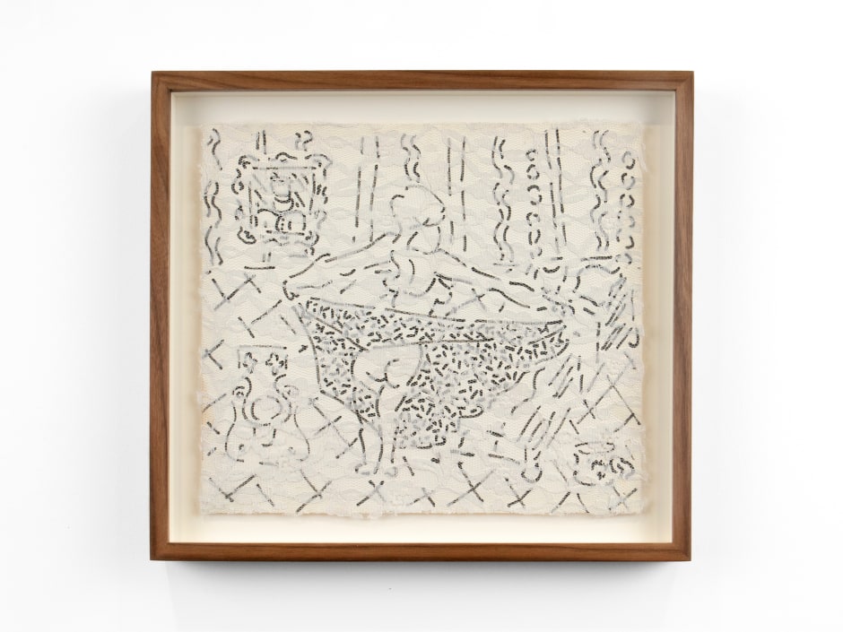 Untitled, 1991  marker and lace on paper  site size: 26.7 x 30.5 cm / 10 ½ x 12 in frame size: 33.4 x 37 x 3.8 / 13 ⅛ x 14 ⅝ x 1 ½ in