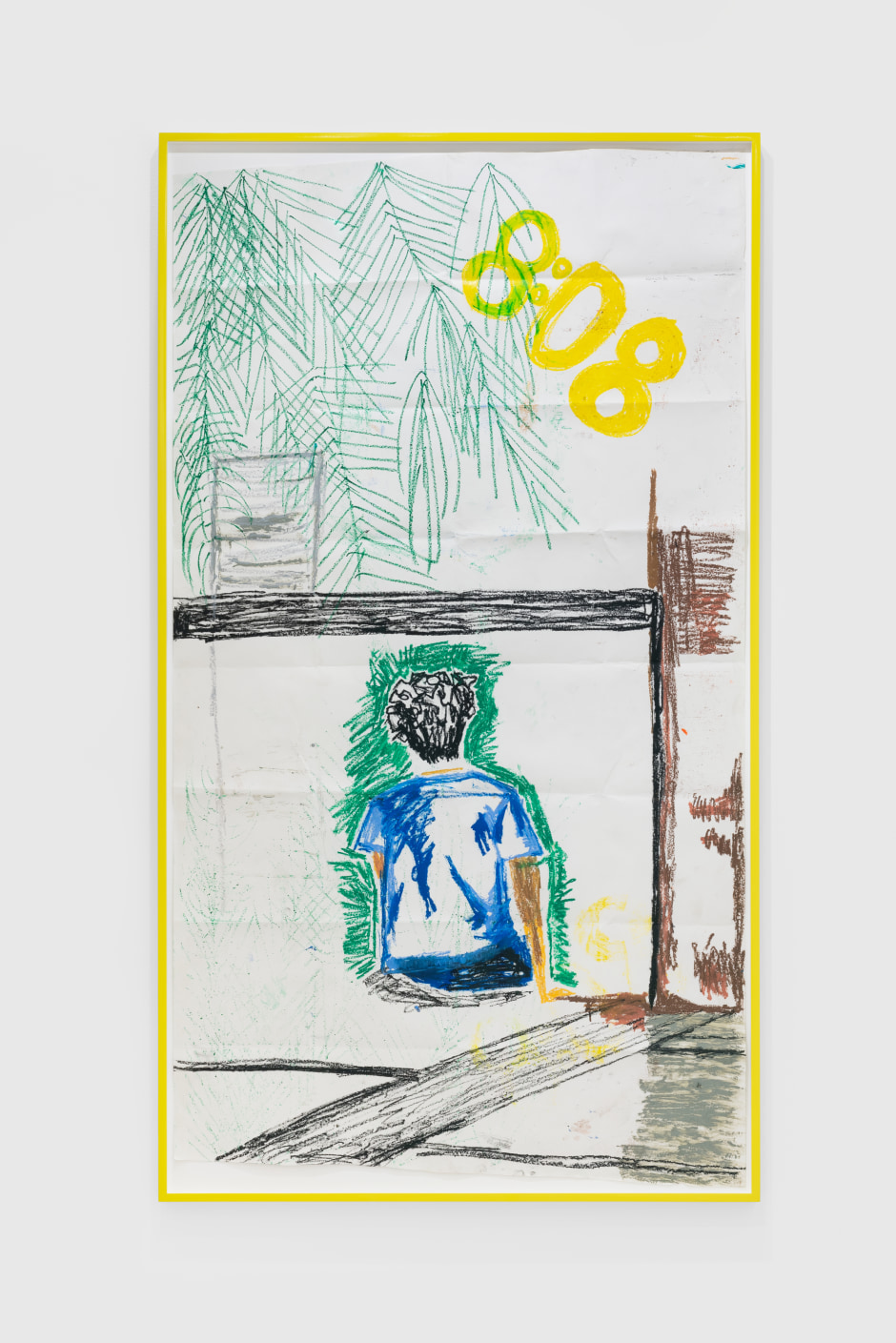 Martine Syms  808, 2022  oil stick on paper  194 x 106 cm / 76 ⅜ x 41 . in  808, 2022, is a new drawing by Martine Syms that forms part of a recent body of work marking the first time Syms exhibited work in this media, first shown at Sadie Coles HQ in Summer 2021. While Syms is best known for her research-based practice in new media, performance and film, she has continuously engaged drawing as a preliminary practice to aid her creative process – in a similar vein to her published journal writings.  Made variously in oil stick and watercolour marker, the subject matter and the works’ titles portray intuitively rendered snapshots of everyday life; in 808, a seated figure glimpsed in abstract on a leafy terrace. Each drawing is conveyed with intimate, diaristic candour, isolating a fleeting moment of encounter against an abstract grounds: a broken belt, a couple making out. Reflecting Syms’ ongoing exploration of narrative, identity, and processes of self-making – in which she regularly draws upon her own personal experience – the drawing evokes a mood of reflection and melancholia, delineating the boundary of the public and private self.