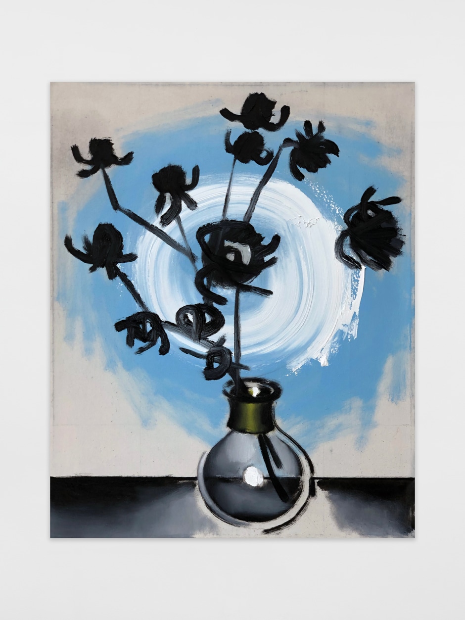 Wilhelm Sasnal  Untitled, 2022  oil on canvas  50 x 40 cm / 19 ¾ x 15 ¾ in  Untitled, 2022, is a new painting by Wilhelm Sasnal depicting a monochromatic arrangement of flowers in a glass vase, set against a luminous sphere of cool blue and white. Sasnal regularly uses photographic imagery – drawn from films, reproductions of art, pop culture or his own phone – as the starting points for his paintings, which undergo various levels of distortion, simplification or abstraction. By using these fragments of his everyday life, alongside historical, political and personal imagery, Wilhelm expresses a long-held fascination with lived experiences.  In this painting Sasnal distils his singular approach to image making, eschewing the tautly observed representations of traditional still lifes for essential form, freed of extraneous detail. The mise-en-scène alternates between subtly observed tonal gradations of light reflected on the vase’s surface and dynamic, intuitively applied markings, evoking concepts of both time unfixed and a fleeting present.