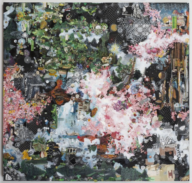 Sally Gil, Two Stellar Women, 2013-2015, collage, acrylic, casein and house paint on canvas, 58 x 60 in.