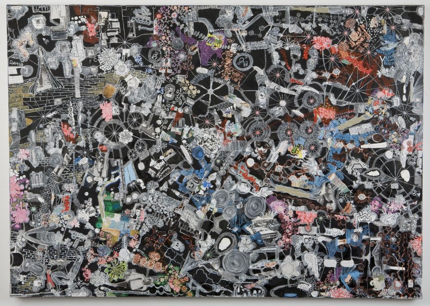 Sally Gil, Whoosh From Above, 2008, collage and paint on canvas, 60 x 50 in.