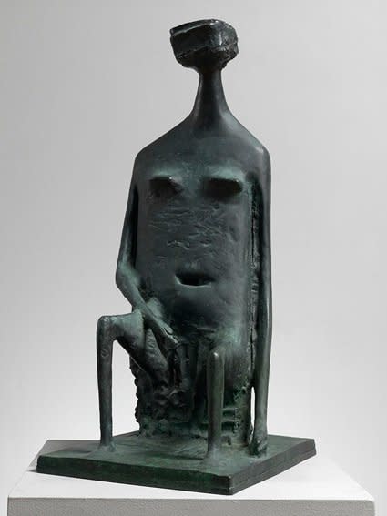 <span class="artist"><strong>Kenneth Armitage</strong></span>, <span class="title"><em>Seated woman with square head (double base)</em>, Conceived 1955, cast 1986</span>