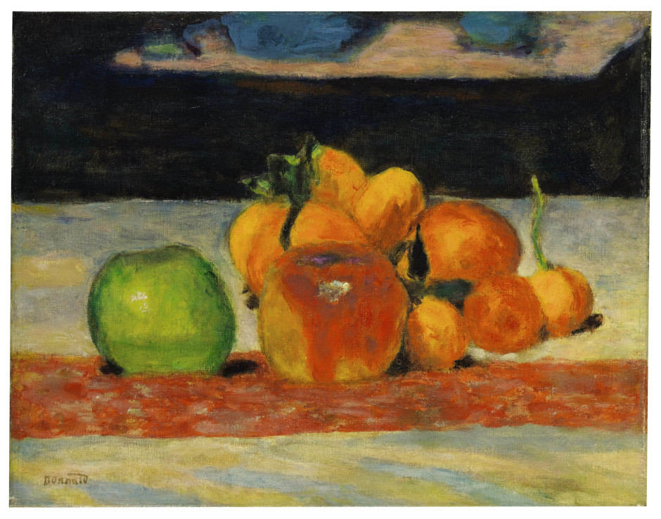 <span class="artist"><strong>Pierre Bonnard</strong></span>, <span class="title"><em>Nature morte, fruits</em>, c.1942</span>