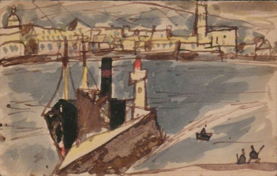 <span class="artist"><strong>Peter Potworowski</strong></span>, <span class="title"><em>Penzance Harbour</em>, 1947</span>