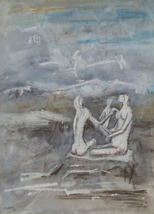 <span class="artist"><strong>Henry Moore</strong></span>, <span class="title"><em>Two women and a child on a beach</em>, 1951</span>