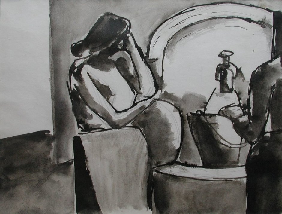 <span class="artist"><strong>Josef Herman</strong></span>, <span class="title"><em>Woman at the water tap</em>, 1955</span>
