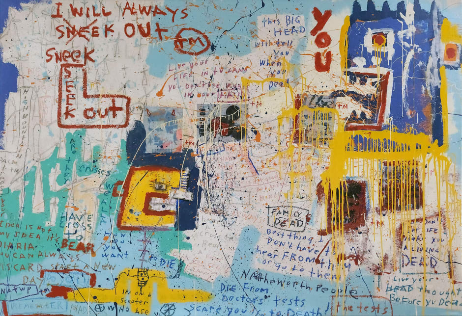 Untitled, 2017 Jim Stella Mixed media including graphite, oil stick, acrylic paint, oil paint and oil pastels 92 x 63 in 233.7 x 160 cm