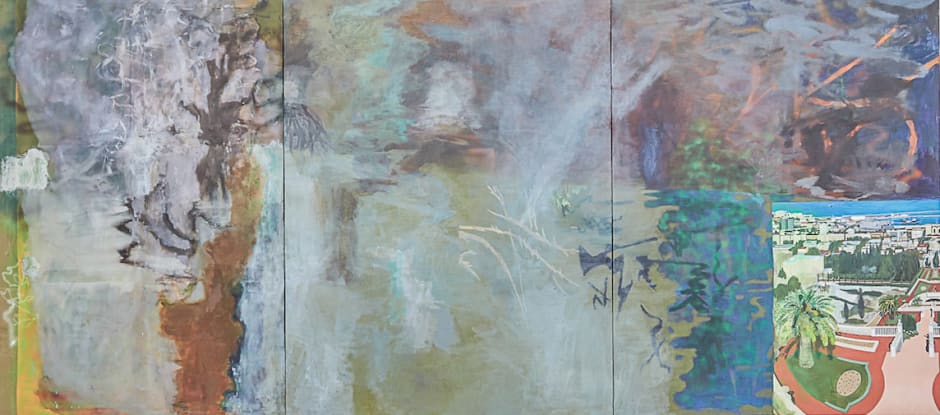 High-Fa, 2017 Viktorie Langer Mixed media on canvas and textile 86 5/8 x 192 7/8 inches (triptych) 220 x 490 cm