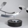 A polished aluminum sculpture consisting of two arms and four leaf shaped elements