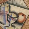 Cubist style drawing of a table top with a pitcher, apple, and glass