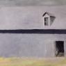 A painting of a purple barn where the barn takes up almost all of the visible field