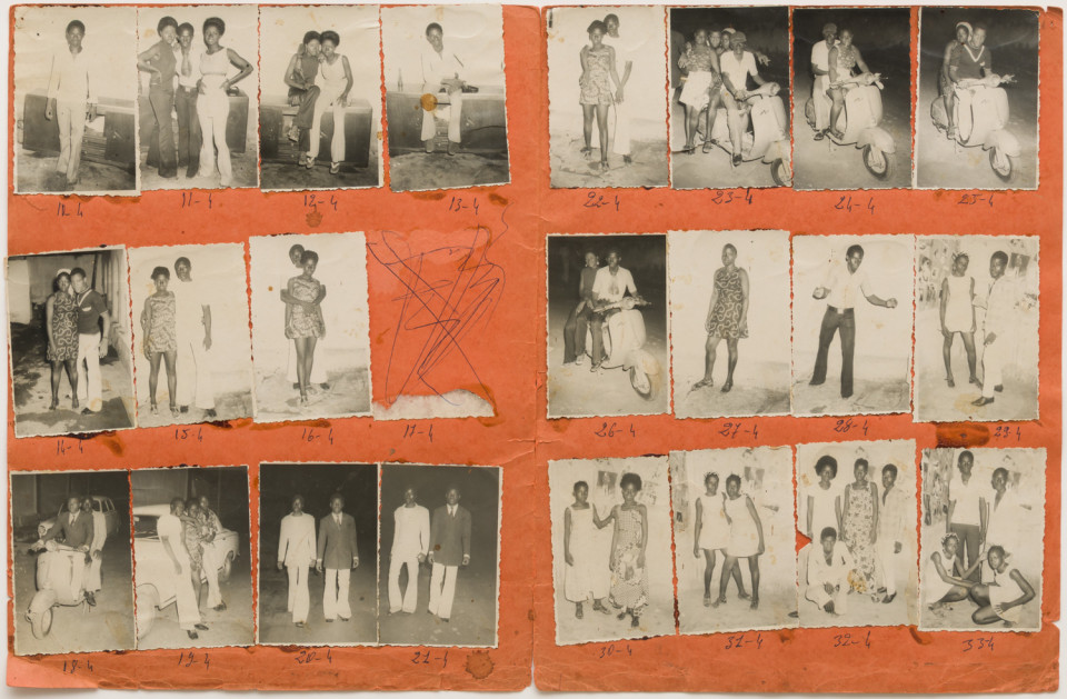 Image: Malick Sidibé  Nuit du 22-9/72, 1972  numerical notations under each print; signed, initialed, titled and dated verso  collection of 23 vintage gelatin silver prints mounted on paper  12-3/4 x 19-1/2 inches