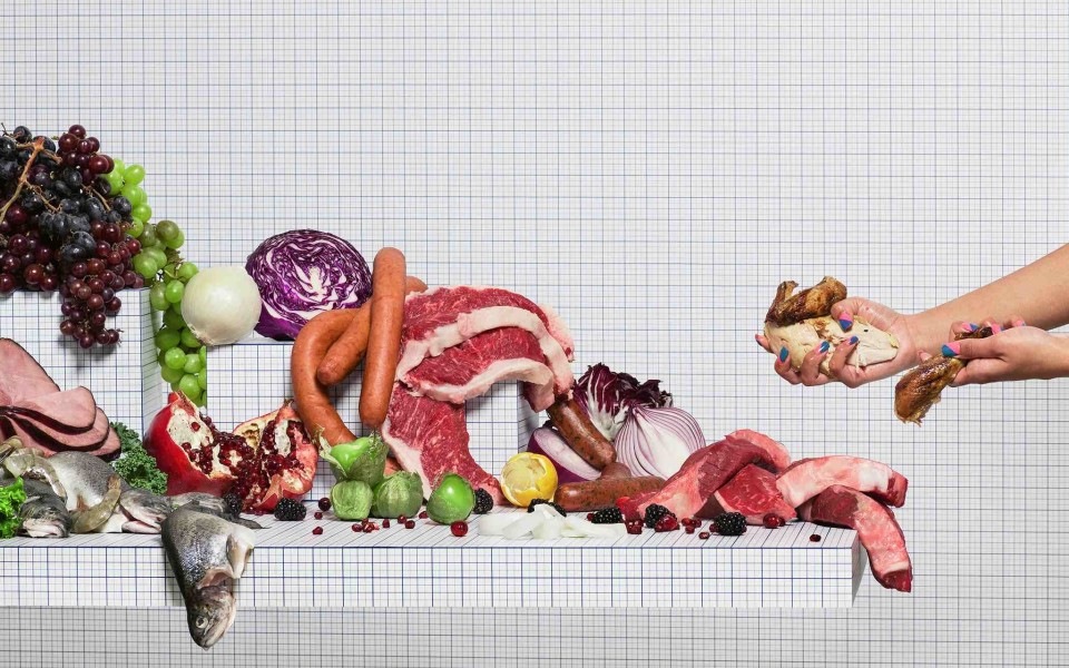 Image: Charlie White  Still Life of Meats with Taker, 2014  chromogenic print  20 x 32 inches  edition of 5 with 2 artist's proofs
