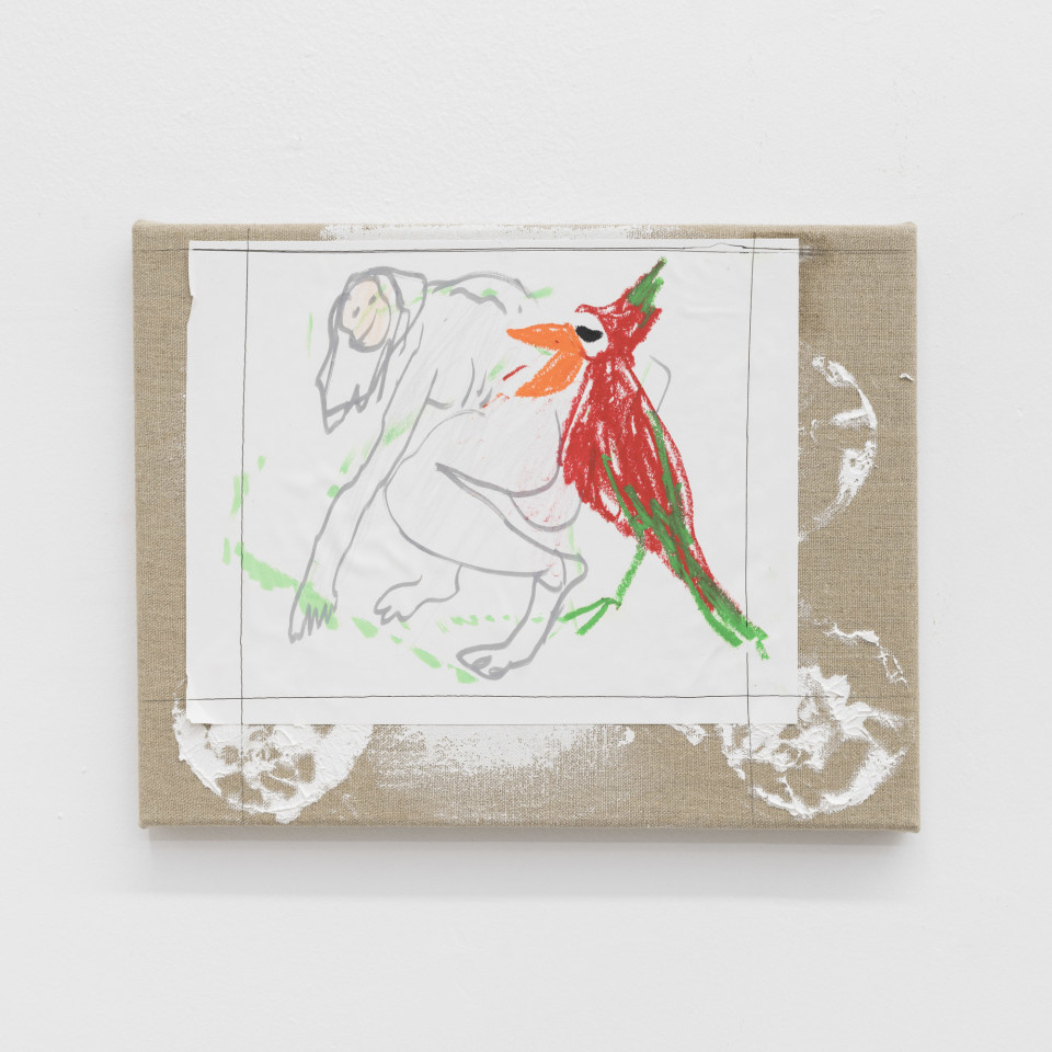 Image: Daniel Bocatto  parrotpainting, 2017  crayon, gesso, linen, paper, pen, pencil  13 x 10 x 1 inches (33 x 25.4 x 2.5 cm)
