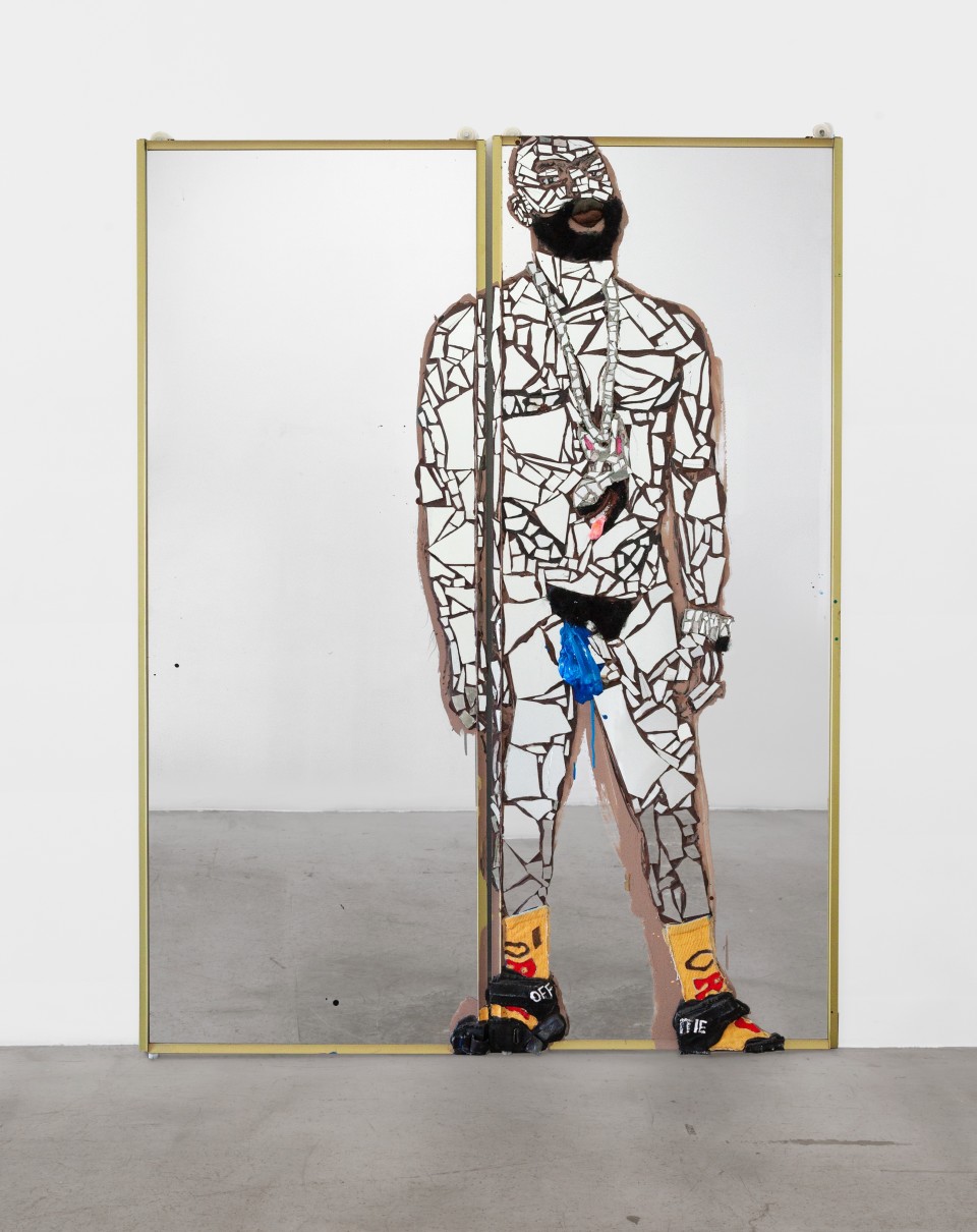 Image: Aaron Fowler  Blue, 2019  acrylic paint, India ink, liquid nail, resin, clay, broken mirror, afro wig, cloth, golf balls, plastic sack, parachute straps, water bottle and socks on mirrored closet doors  79 1/2 x 71 x 2 1/2 inches (201.9 x 180.3 x 6.3 cm)