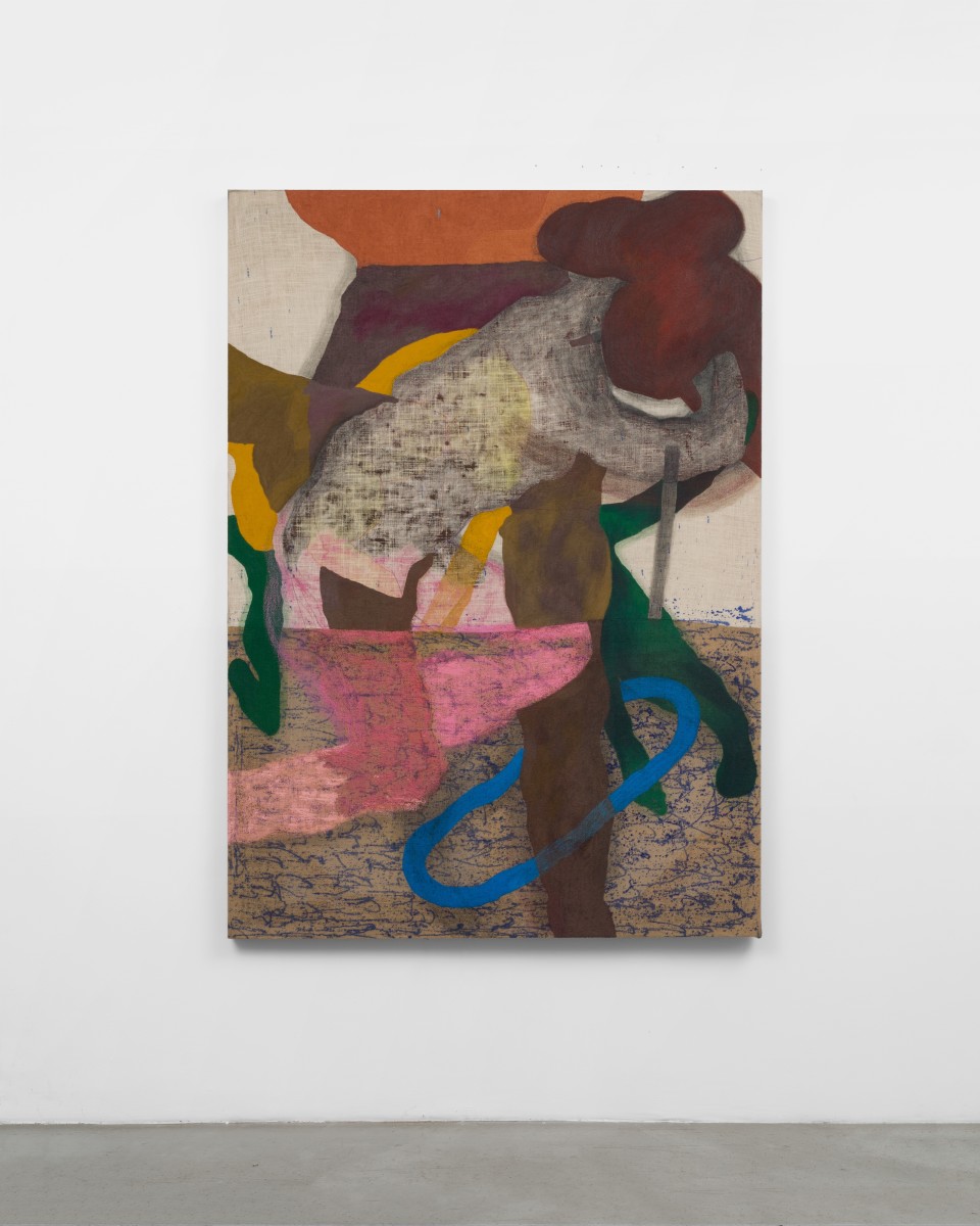 Image: Kaveri Raina  Massive Heft, Curved Overcoat; Slithering Away, 2020  signed and dated verso  acrylic, graphite, oil pastel, burlap  84 x 60 inches (213.4 x 152.4 cm)