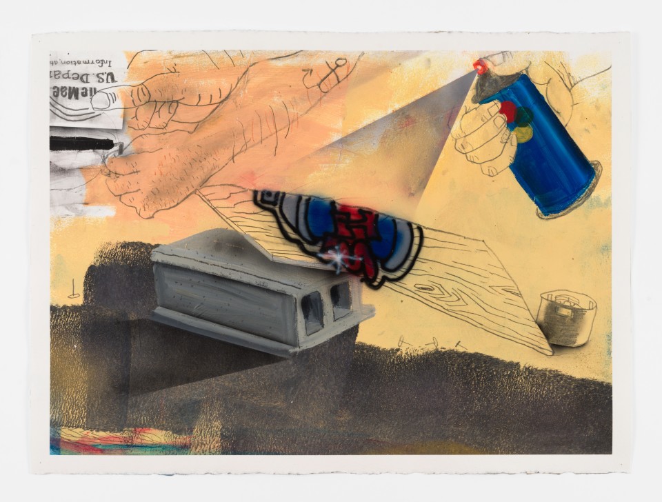 Image: Pat Phillips  Untitled (eventually the homies had to grow up & get real jobs. No one was going to make careers out of tagging), 2019  signed and dated verso  acrylic, pencil, airbrush, aerosol paint on paper  22 x 30 inches (55.9 x 76.2 cm)
