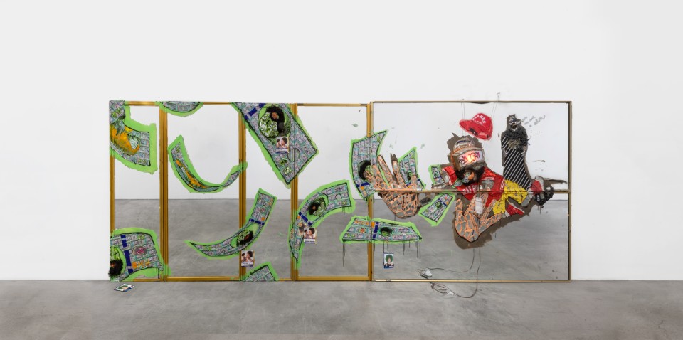 Image: Aaron Fowler  Trippin', 2019  acrylic paint, oil paint, oil stick, liquid nail, India ink, resin, clay, glitter, printouts, cotton balls, broken mirror, fro ponytail, hair, djellaba, fitted cap, jacket, shorts, Jordan, sock, plastic water bottle, parachute handle and ATM machine on mirrored closet doors  217 x 83 x 6 inches (551.2 x 210.8 x 15.2 cm)