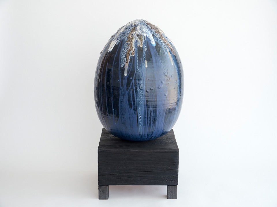 Image: Adam Silverman  Blue Egg, 2016  egg: 17-1/2 x 12-1/2 x 12-1/2 inches with base: 25 x 12-1/2 x 12-1/2 inches