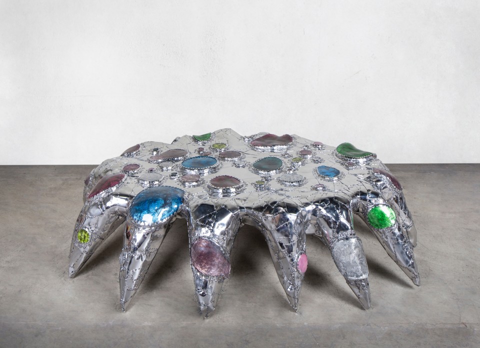 Image: Misha Kahn  Back Bend Starfish Puts on all Her Jewels for Her Workout, 2018  stainless steel, glass  21 x 90 x 63 inches (53.3 x 228.6 x 160 cm)