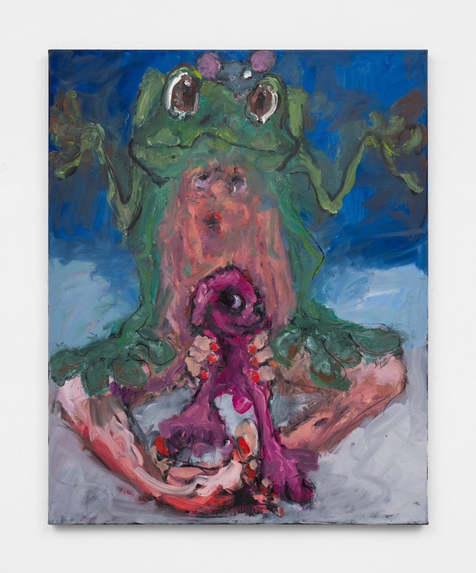 Image: Eva Beresin  The Frog is always central, 2021  signed, dated and titled verso  oil on canvas  39 1/2 x 31 1/2 inches (100.3 x 80 cm)  (EBe.21.005.40)