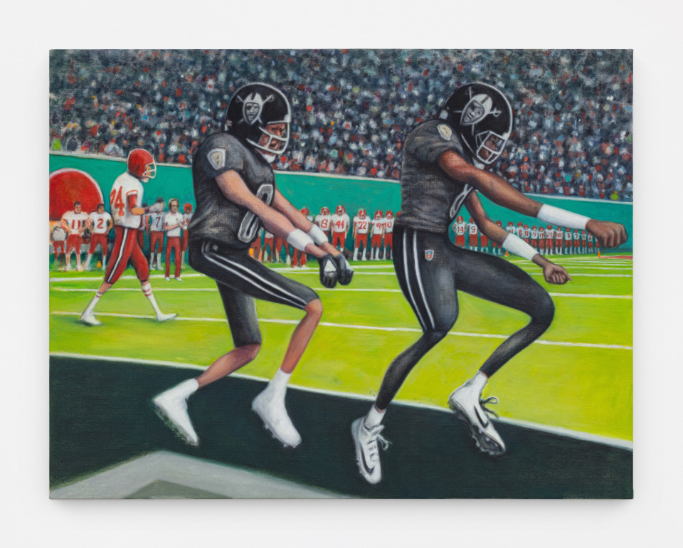 Image: Rob Thom  Endzone Dance, 2021  signed, titled and dated verso  oil, wax, nupastel on canvas  37 x 48 inches (94 x 121.9 cm)  (RT.21.005.37)