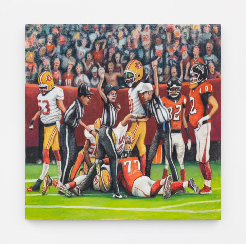 Image: Rob Thom  Niners Falcons, 2021  signed, titled and dated verso  oil, wax, nupastel on canvas  40 x 40 inches (101.6 x 101.6 cm)  (RT.21.009.40)