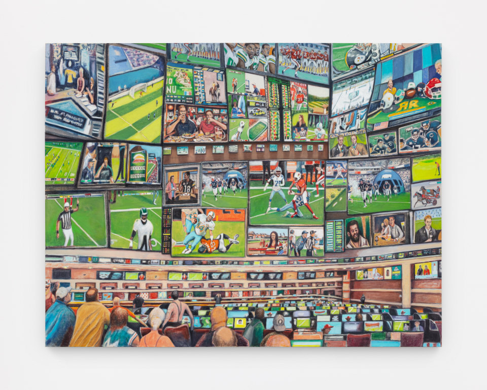 Image: Rob Thom  Sunday Sportsbet, 2021  signed, titled and dated verso  oil, wax, nupastel on canvas  72 x 94 inches (182.9 x 238.8 cm)  (RT.21.001.72)