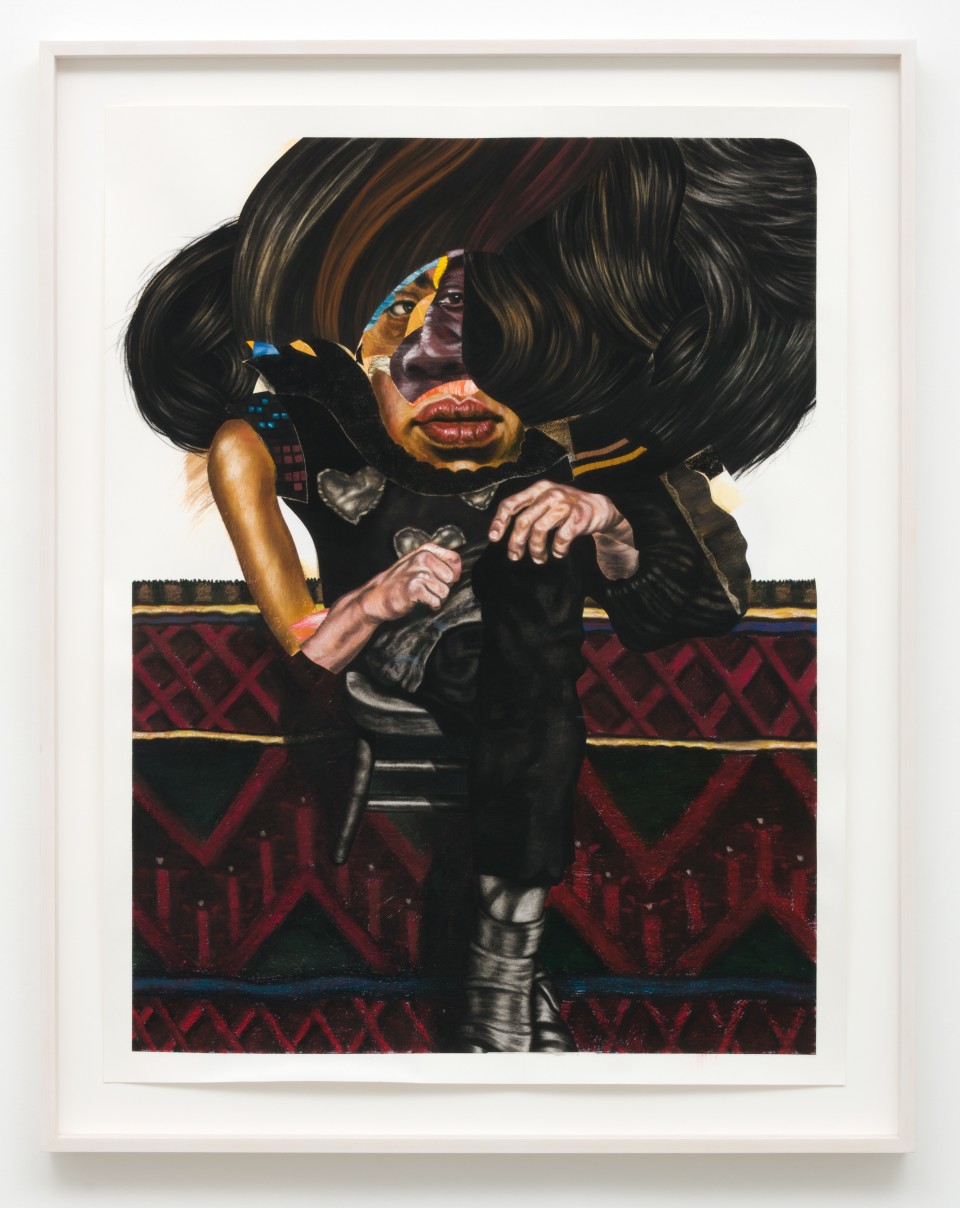 Image: Nathaniel Mary Quinn  Someday, 2018  signed, titled and dated verso  black charcoal, gouache, soft pastel, oil pastel, acrylic gold leaf on Coventry Vellum paper  paper size: 50 x 38 inches (127 x 96.5 cm) framed size: 44 1/2 x 56 1/2 x 2 3/4 inches (113.03 x 143.51 x 6.985 cm)