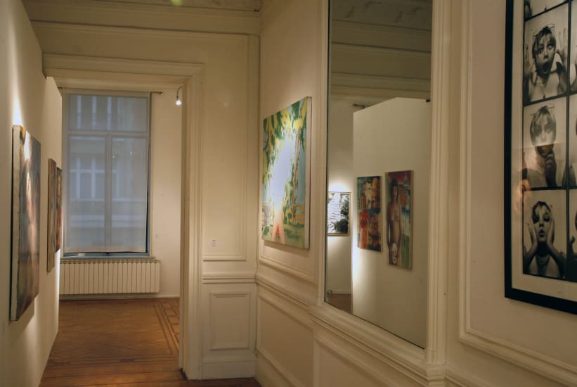 exhibition view 'In my solitude' / Aeroplastics, Rue Blanche, 2007-2008. Ph: Vincent Everarts / partial views with works by Gerard Malanga, Nazanin Pouyandeh (mirror), David Humphrey